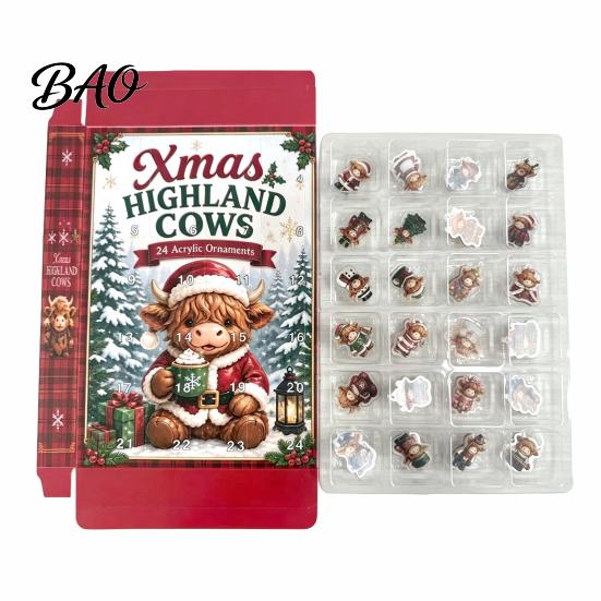 Advent Calendar Highland Cow Calendars 2026, 2D Acrylic Ornaments, 24 Days Christmas Decoration Countdown with Collectible Mini Figures for Farmhouse