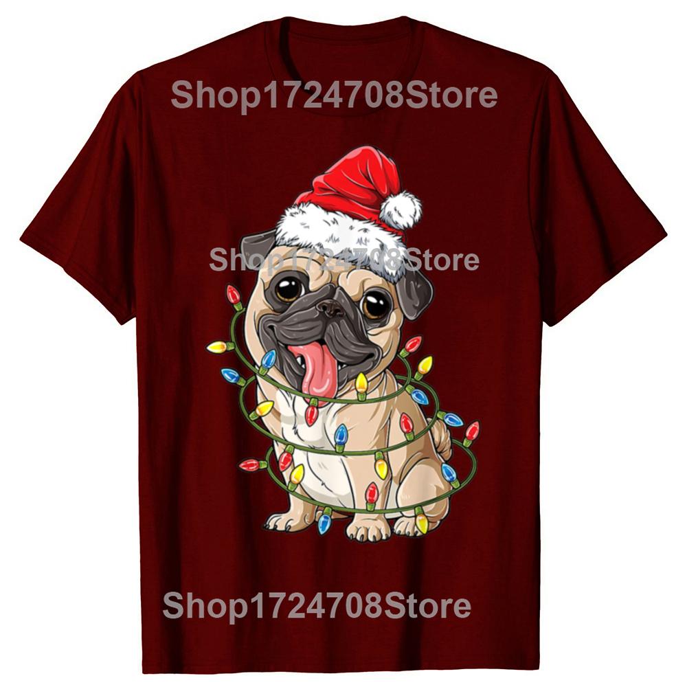 Christmas Pug With Christmas Lights Santa Hat Xmas Pug Dog T Shirt Mens Cotton Oversized Printing T Shirts Harajuku Tshirt