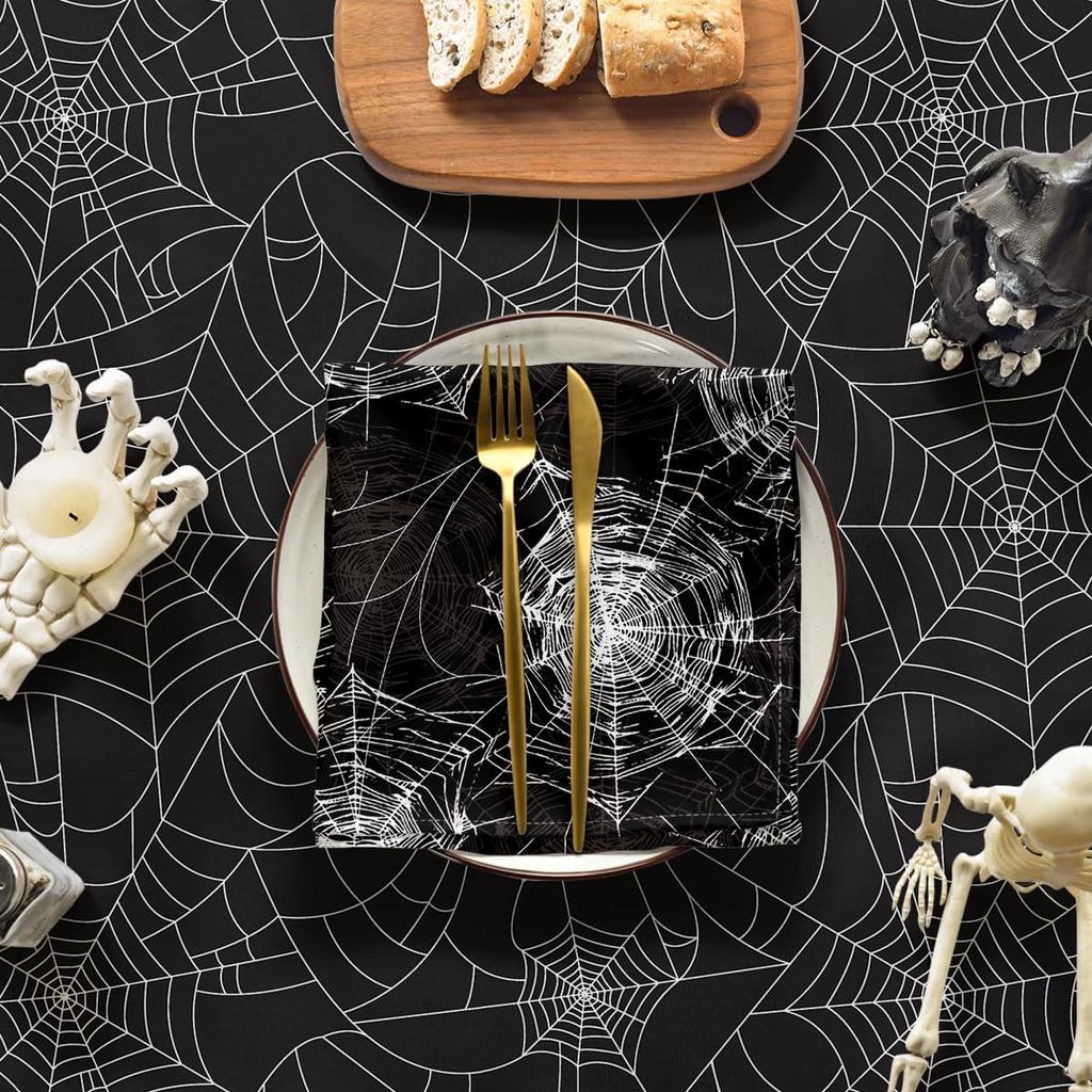 Halloween Black Rectangular Washable Fabric Tablecloth Durable Table Cover for Party Picnic Dinner Decorations