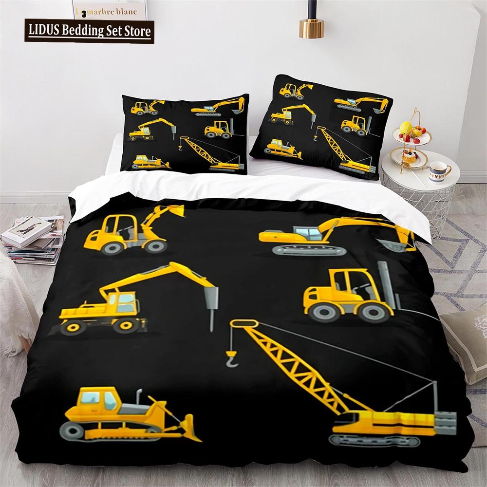Комплект пододеяльника Digger Мультяшный Грузовик Тяжелой Техники Кран Бетономешалка Экскаватор Трактор Узор Для Ребенка Подростка Полиэстеровый Постельный Комплект
