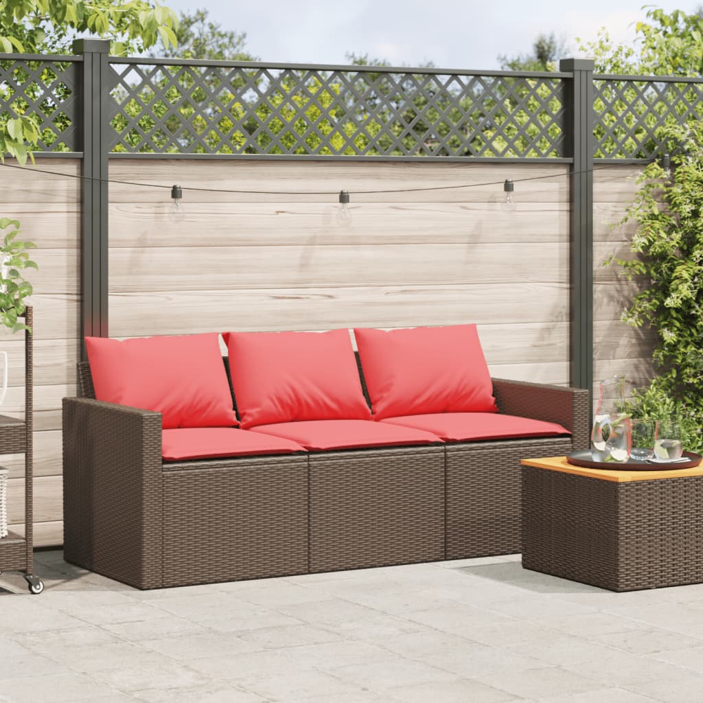 Garden Sofa with Cushions 3 Seater Brown Poly Rattan