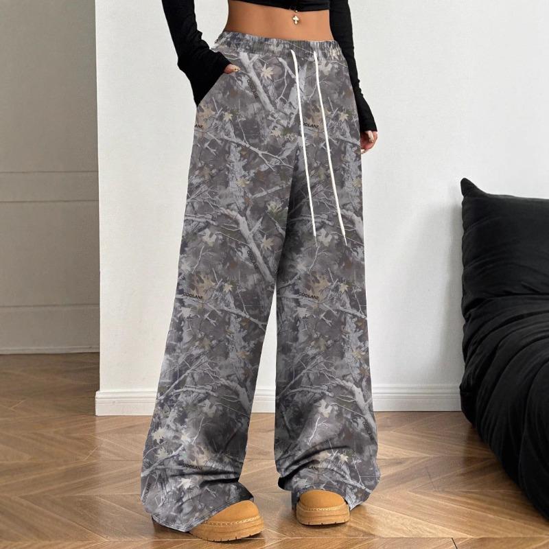 Американские Подростковые Женские Повседневные Брюки с Камуфляжным Принтом, Слим, Широкие Штанины, Длина в Пол
