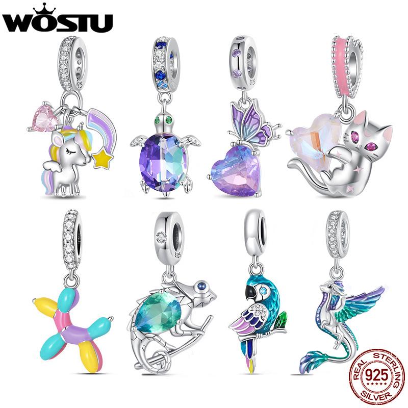 WOSTU 925 Sterling Silver Rainbow Unicorn Charms Firefly Pendant Cat Pet Animal Beads Fit Bracelet Necklace DIY Birthday Gift