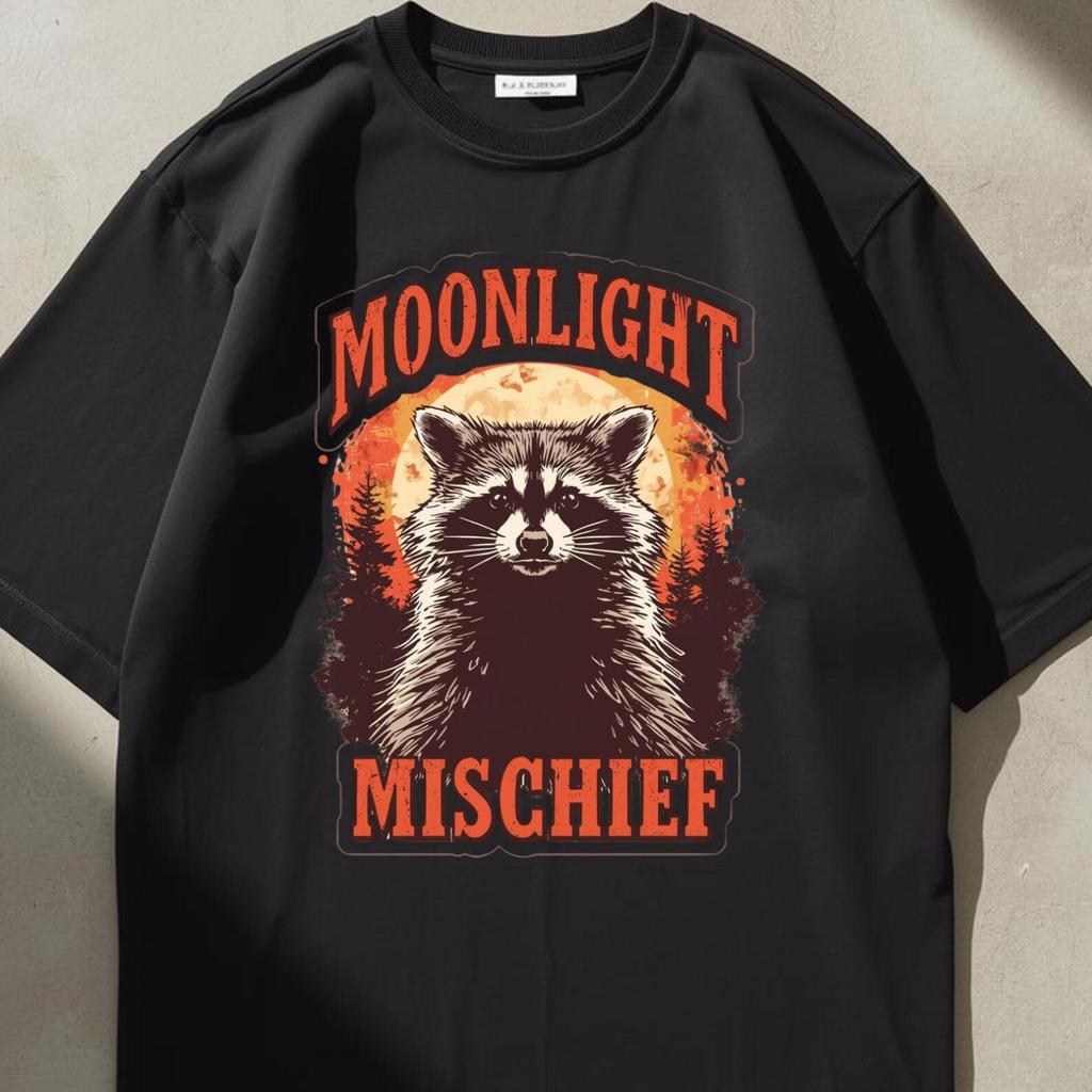 Moonlight Mischief | Funny Raccoon Tee | Retro Colors Tshirt | Cool Night Owl Stuff