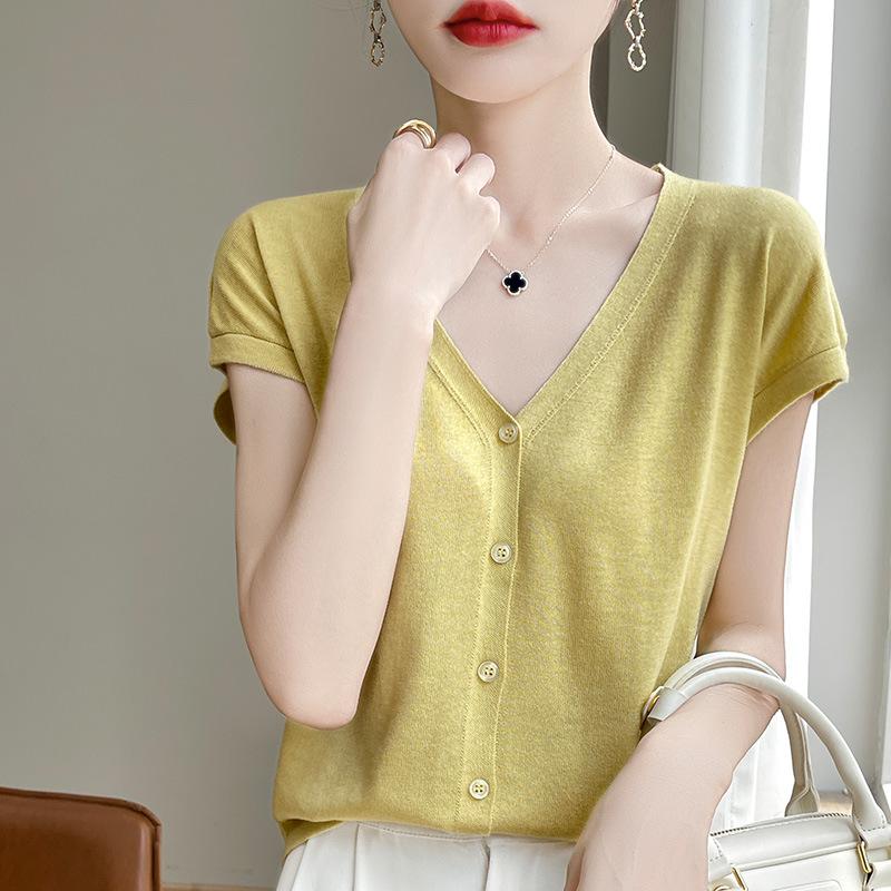 Новый летний стиль шерстяной кардиган тонкий V-образный вырез обычный свитер женский трикотаж