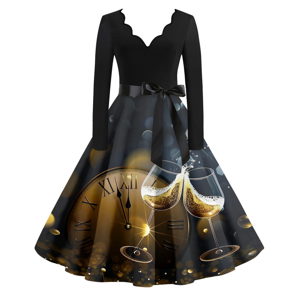 Женское повседневное модное платье винтажного стиля с V-образным вырезом и новогодним принтом