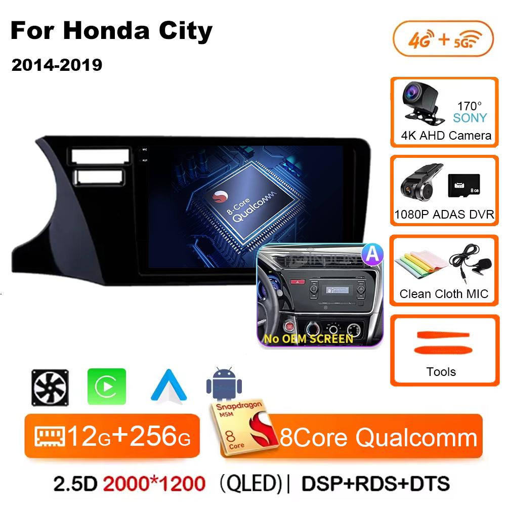Для Honda City 2014 2015 2016 2017 2018 2019 Android 14 Qualcomm Car Radio GPS Navi QLED Screen Car Player WIFI BT 4G Головное устройство
