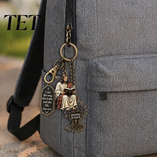 Tree of Life Pendant 3-In-1 Jesus Reading Keychain, Vintage Man Scripture Baptismal Keychain Car Key Ring Handbag Charm, Gift for Christian