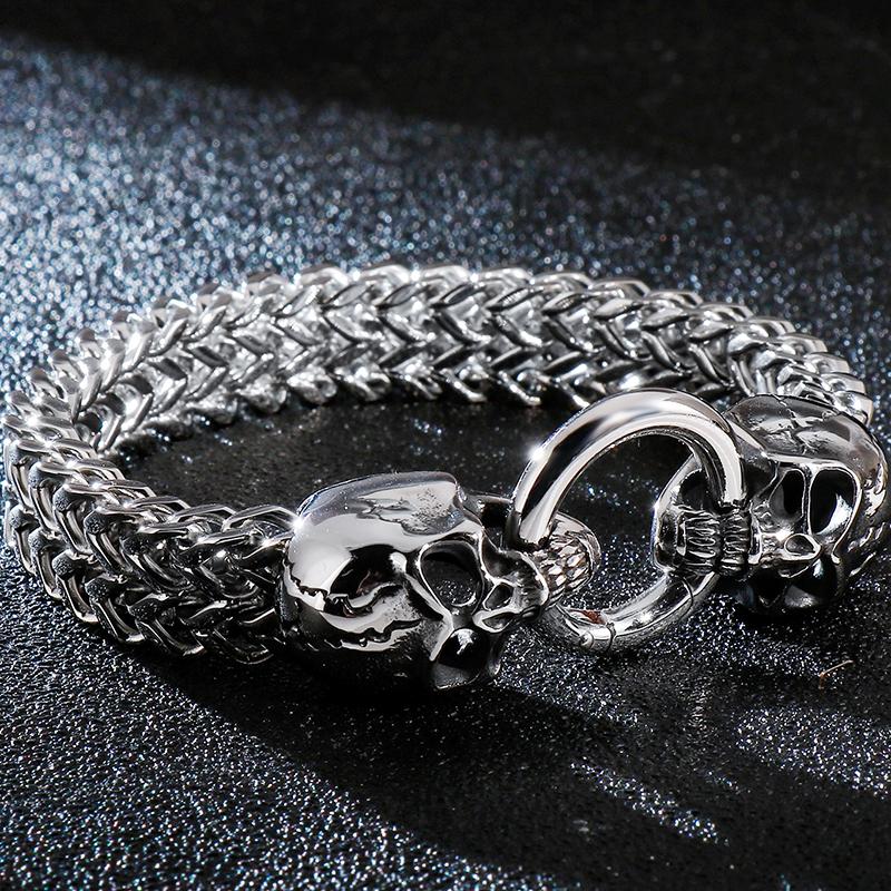 Gothic Double Skull Man Bracelet for Men In Stainless Steel Link Chain Men's Charm Bracelets Steampunk Skeleton Jewellery Guests Gifts