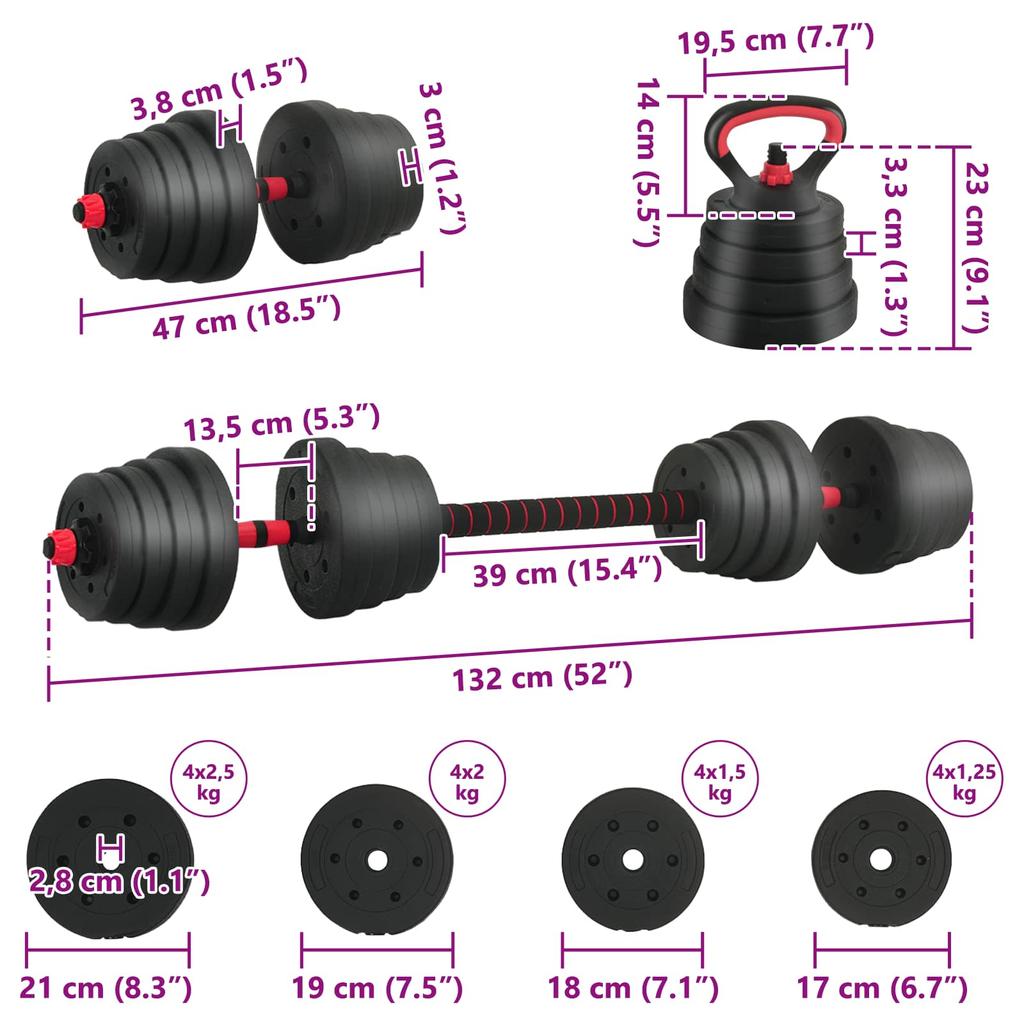 4 in 1 Short Dumbbell Barbell and Kettlebell Set 30 kg