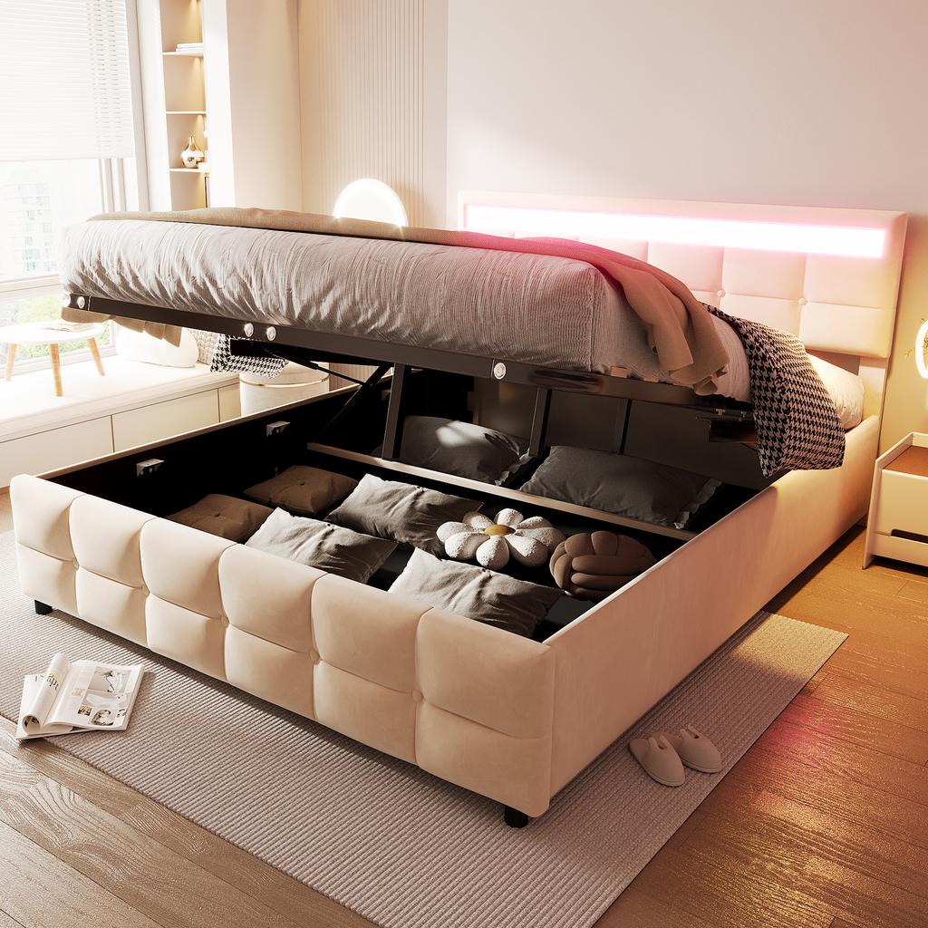 Upholstered Bed 180*200cm, LED Lights, Slatted Frame, Hydraulic Single Bed, Dutch Velvet Fabric, Beige