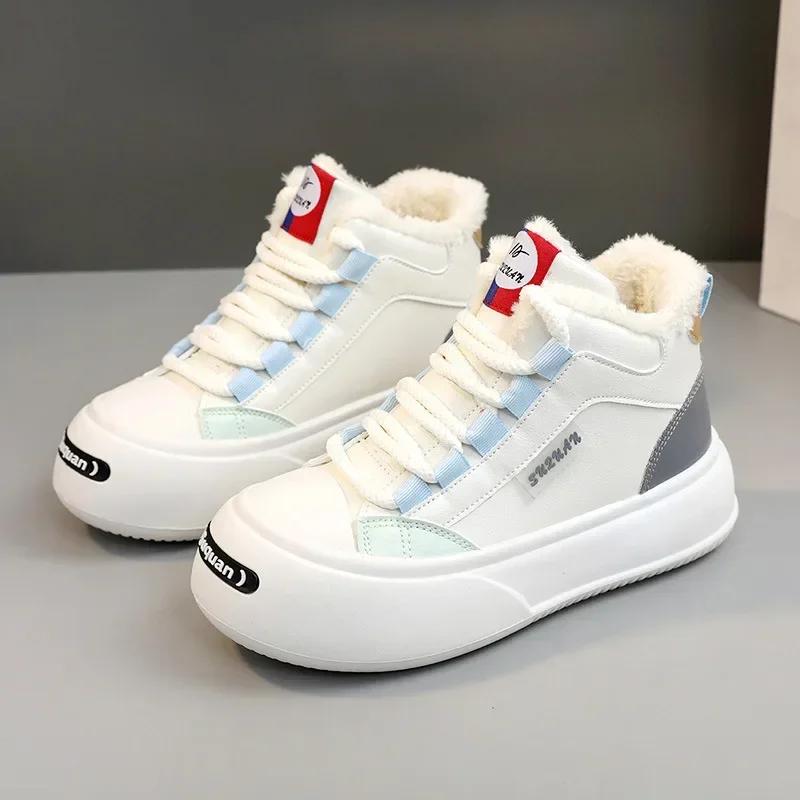 Новые зимние туфли 2024 года, белые туфли для женщин, плюшевые спортивные туфли на толстой подошве, теплые хлопковые кроссовки для женщин