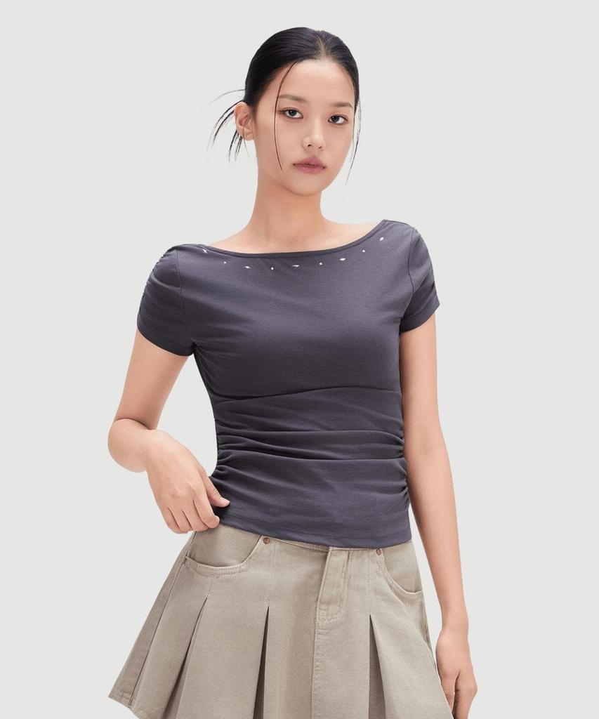 MIXXO Футболка с коротким рукавом с завышенной талией и заклепками_Miwhwg749A