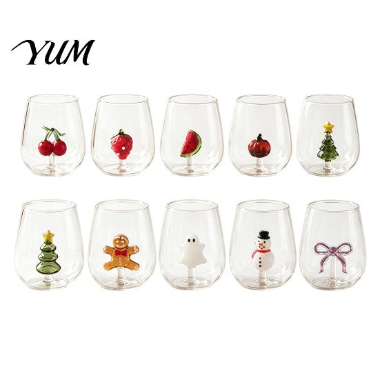 Cute Glass Cups with 3D Fruit Ornaments Clear Drinking Cup And Christmas Holiday Ornaments, Handmade Decorative Mugs Heat Resistant Borosilicate