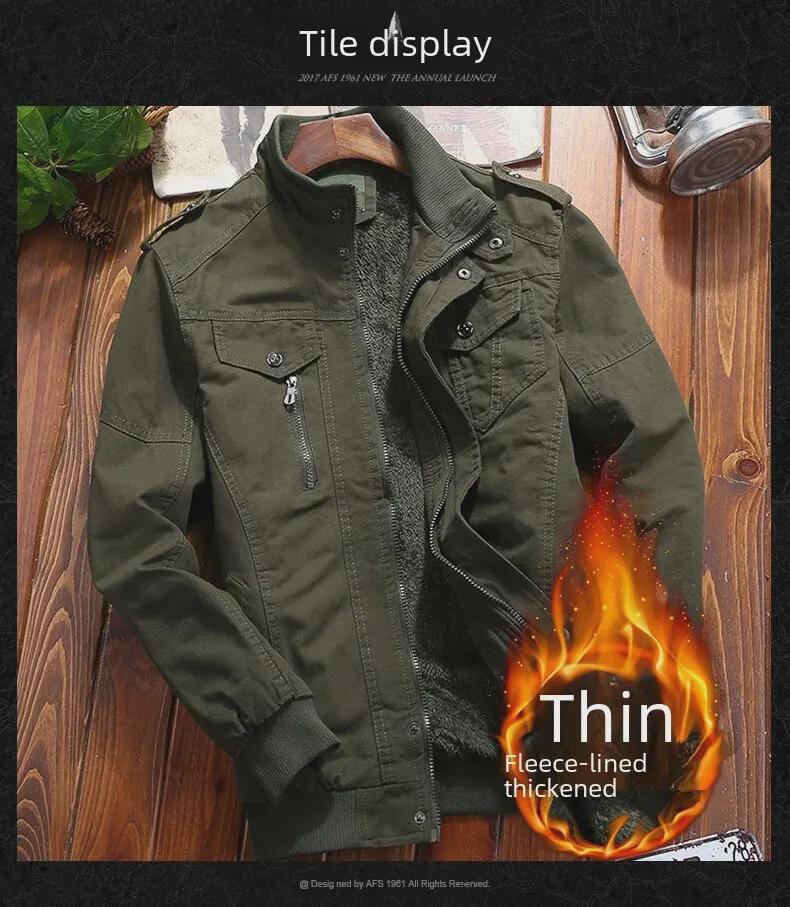 Men's Military-Style Washed Cotton Jacket with Velvet Lining