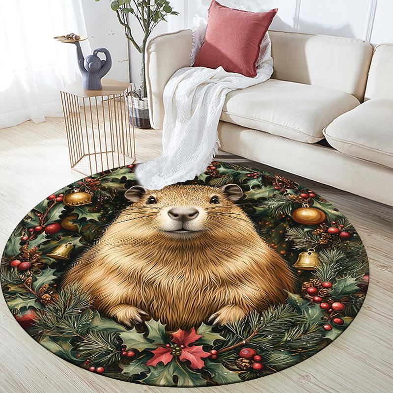 Christmas Capybara pattern round rug,Carpet Rug for Living Room Bedroom Playroom ,Non-slip Floor Mat,Holiday Gifts and Birthday Gifts.