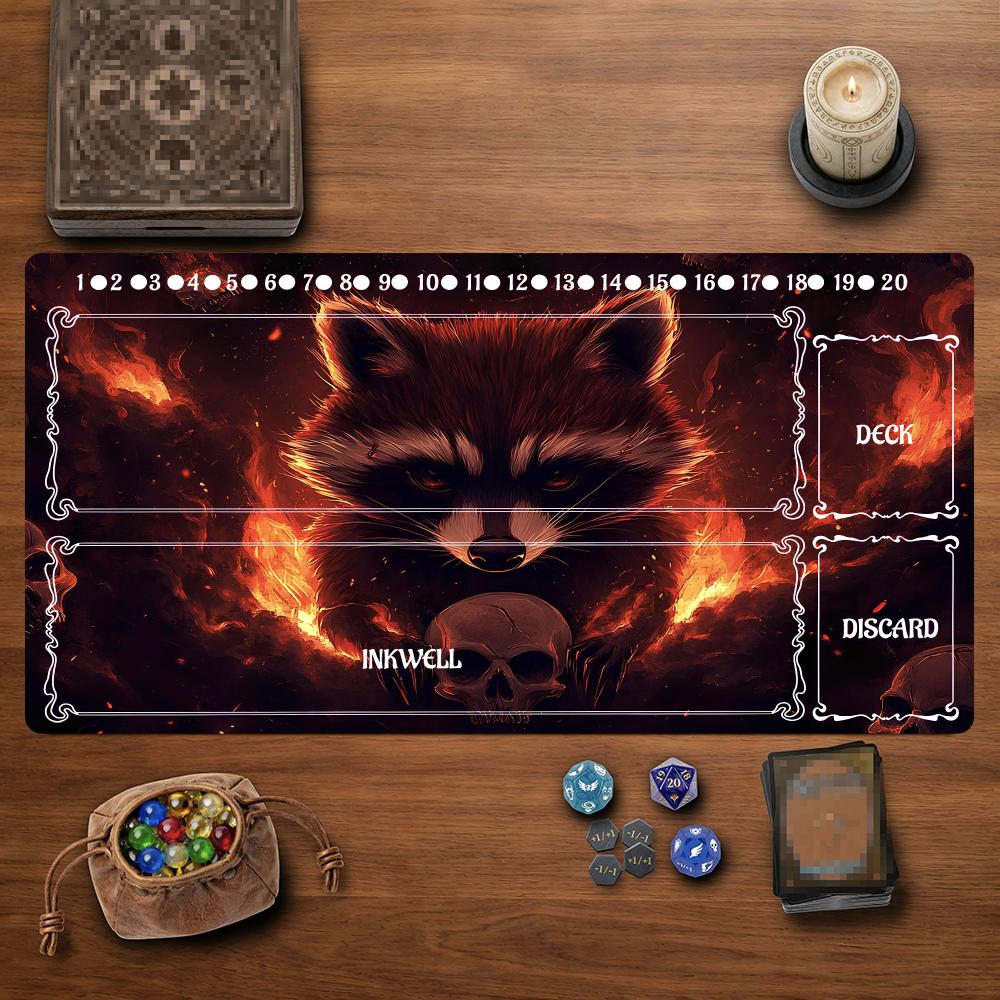 Dark Fire Raccoon Playmat with Zones Magic Card Game Play Mat Durable Rubber for Games 35X60cm Mouse Pad PC Offices Desk Mats