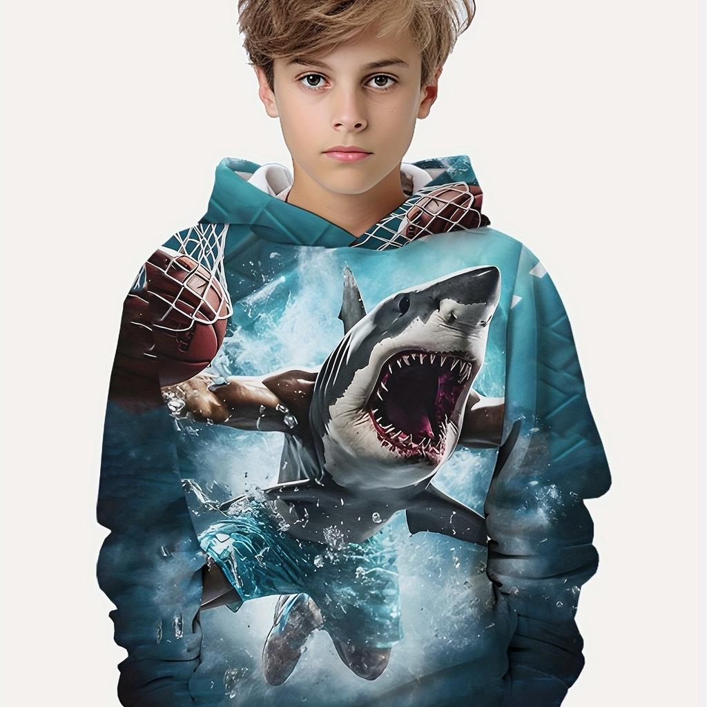 Детская одежда Толстовки с капюшоном для мальчиков с длинным рукавом и принтом акулы 3D Детская одежда на весну и осень Повседневная уличная одежда для девочек Топы