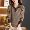 Модный оригинальный осенний новый поддельный двухсекционный свитер с воротником поло женский контрастный пуговицы свободный простой лоскутный длинный рукав трикотажный топ
