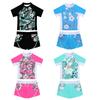 Kids Girls Rash Guard Flower Printed Tankini Set T-Shirt with Swim Short Pants Swimsuit Bathing Suit