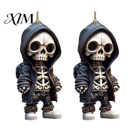 Creative Halloween Party Favors 2Pcs Hoodie Skeleton Ornaments, 2D Flat Acrylic Pendants, Gothic Unique Interior Car Accessories Style