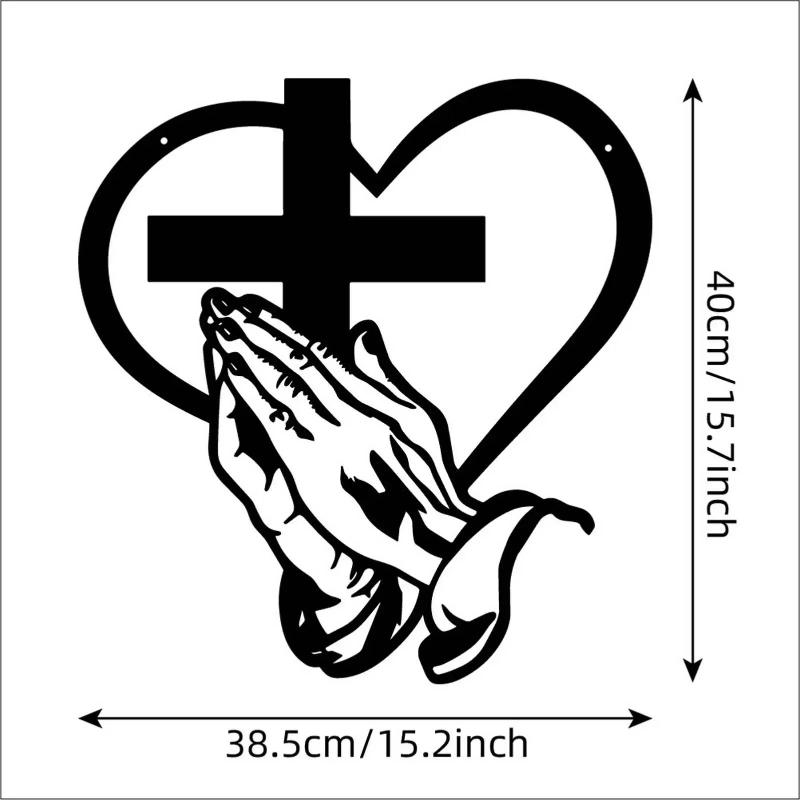 Matte Finish Metal Wall Hanging Prayer Hands Cross Heart Decor Retro Wall Art for Bedroom Living Room Home Decoration