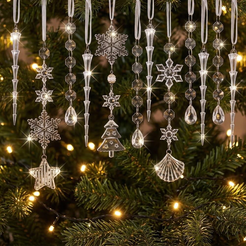 10/12pcs Snowflake Christmas Tree Ornaments Clear Acrylic Xmas Hanging Decoration Christmas Party
