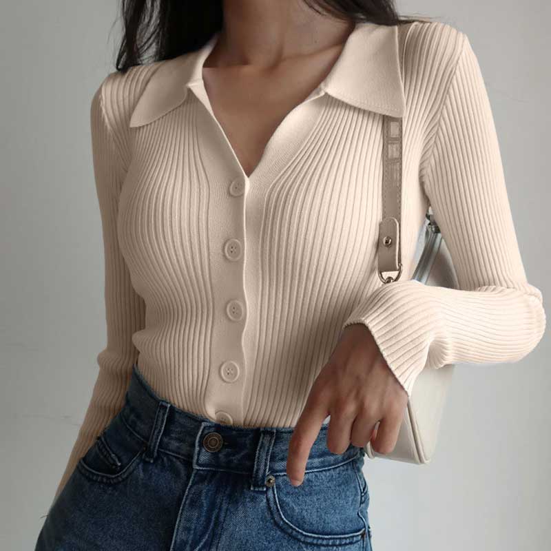 POLO Neck свитера женские весна осень рубашка длинный рукав короткий отложной воротник полые пуговицы трикотажные топы сплошной один размер