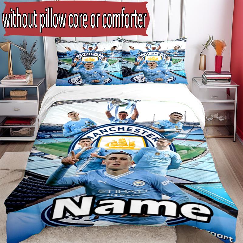3pcs Duvet Cover Set (1*Duvet Cover + 2*Pillowcase, Without Core), Custom Name Manchester City FC Pattern Bedding Set, Home Bedroom Decor Gift