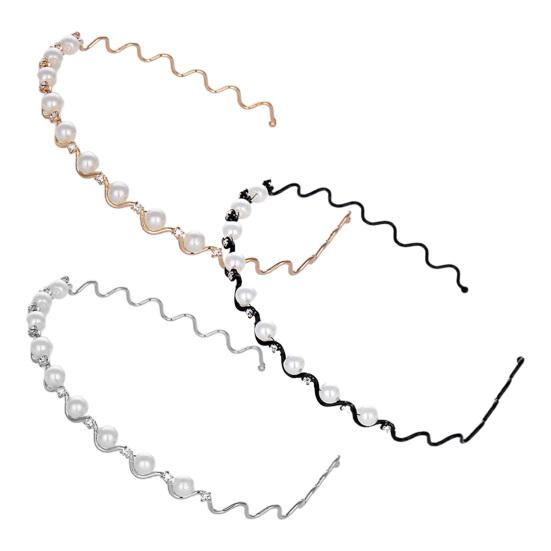 Lady Wavy Headband Non-slip Shiny Rhinestone Faux Pearl Narrow Band Anti-rust Hair Decoration Elastic Party Prom Lady Hair Hoop Hair Accessories