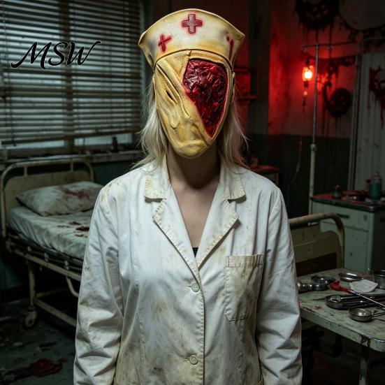Halloween Costume Party Accessory Scary Nurse Masque, Horror Blood Latex Full Face Comfortable Masque for Cosplay, Haunted House Prop, Soft