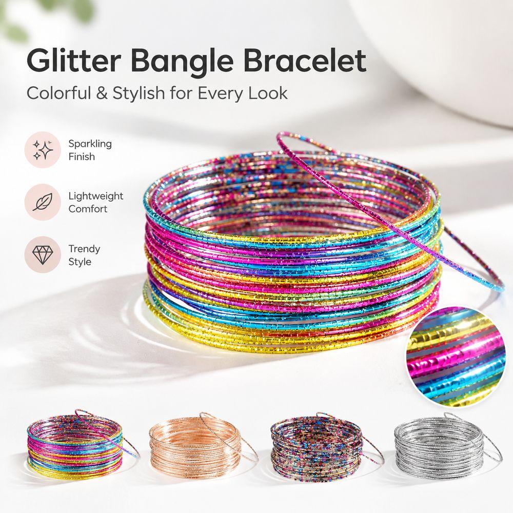 30PCs Metallic Wire Stackable Bangles Shiny Finish Bangles Set Sparkling Bracelet Set