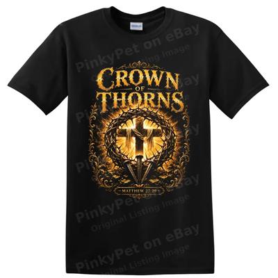 Jesus Crown of Thorns Cross Christian Faith Religious Graphic T Shirt Gold Tee