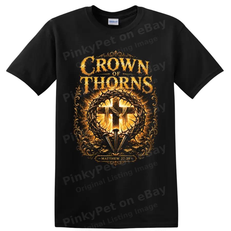 Jesus Crown of Thorns Cross Christian Faith Religious Graphic T Shirt Gold Tee