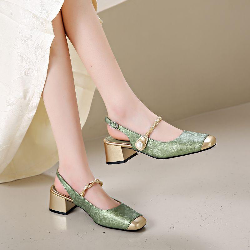 Новый китайский стиль, национальный стиль, сандалии баотоу, женские туфли Мэри Джейн на среднем каблуке, летний темперамент, толстый каблук, высокий каблук, одинарные туфли