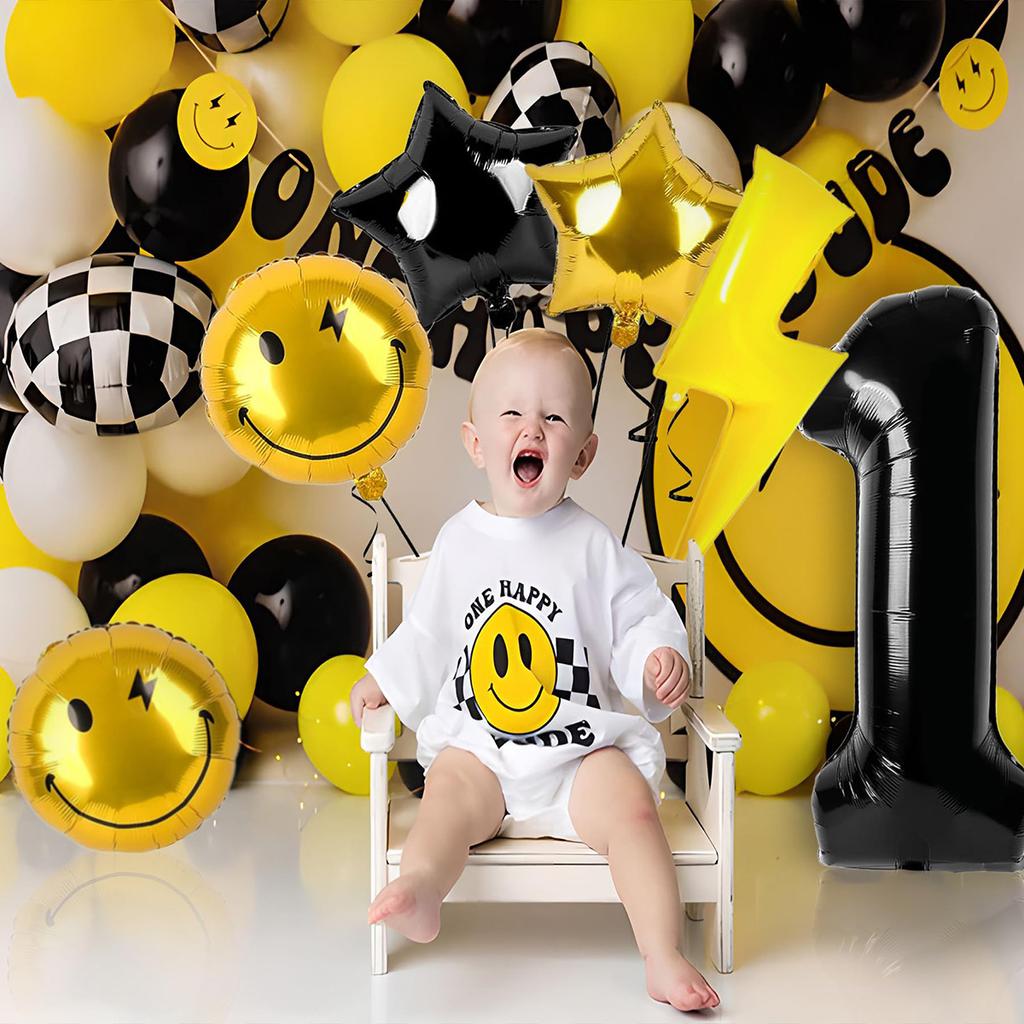 8Pcs One Happy Dude Birthday Decorations Black One Lightning Bolt Eyes Balloon for One Happy Dude Birthday Decor Aluminum Foil Helium Balloons