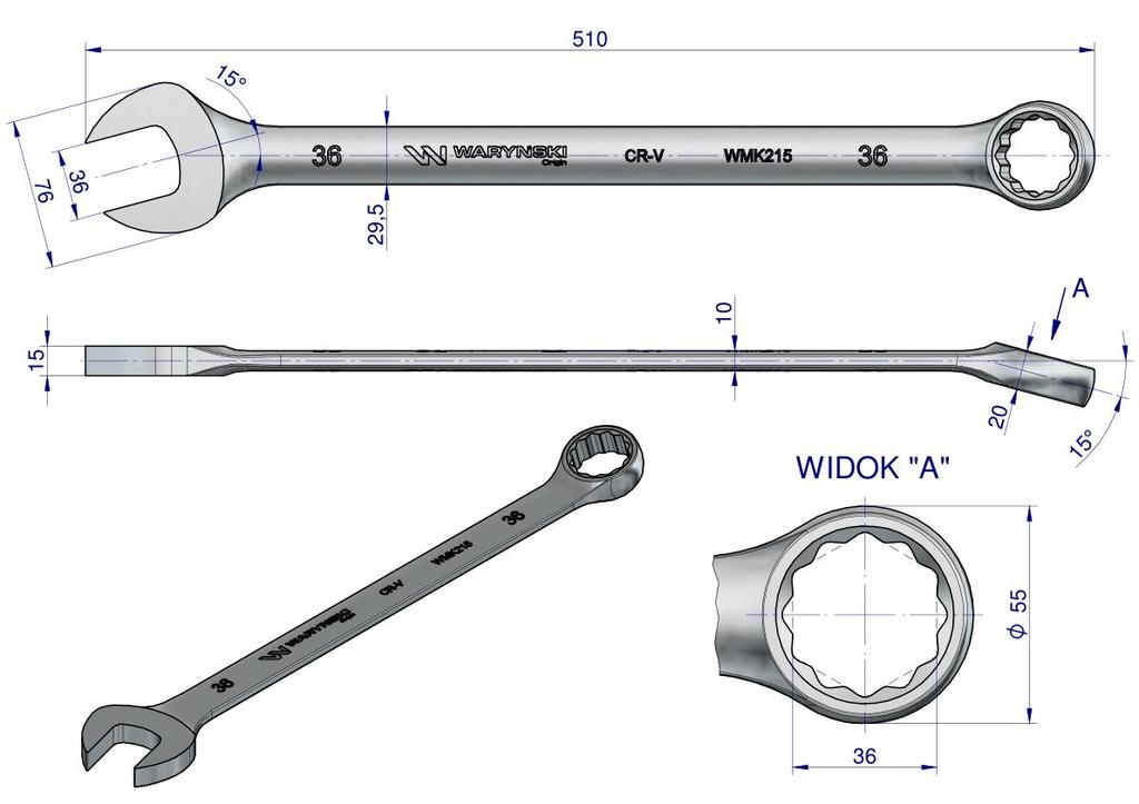 Extra long open-end wrench 36mm length 510mm standard ASME B107.9M Waryński