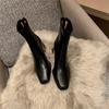 Korean Order Heavy Recommendation Temperament Brown Square Head Thick High Heel Elastic Short Boots Zipper Thin Women Single Boots