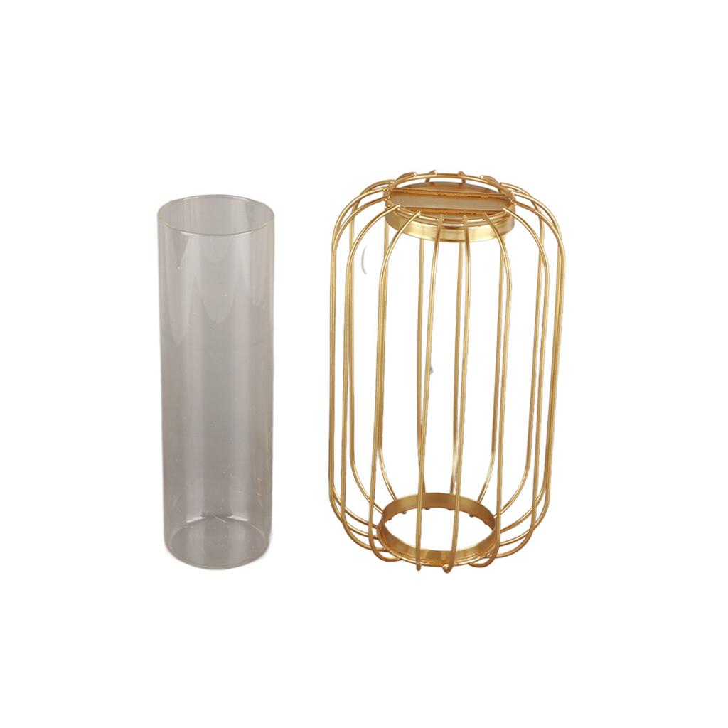 Nordic Lantern Shaped Wrought Iron Vase Glass Iron Tabletop Flower Vase(  Gold)