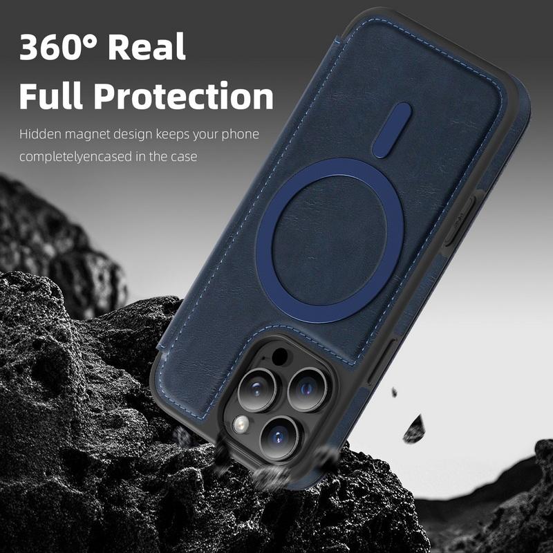 Роскошный кожаный чехол-книжка с отделением для карт для iPhone 16 Pro Max 15 Pro 14 13 12 11 для Magsafe, ударопрочный чехол-бампер с беспроводной зарядкой и магнитным креплением