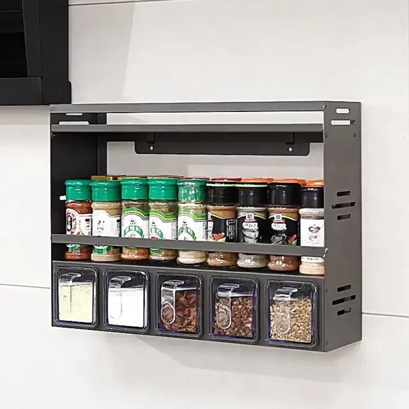 Многофункциональный настенный стеллаж для хранения кухонных приправ без перфорации