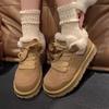 Зимний Стиль Женские Ретро Ботинки на Шнуровке с Круглым Носком на Низком Плюшевом Толстом Каблуке Модные Дизайнерские Женские Вулканизированные Туфли