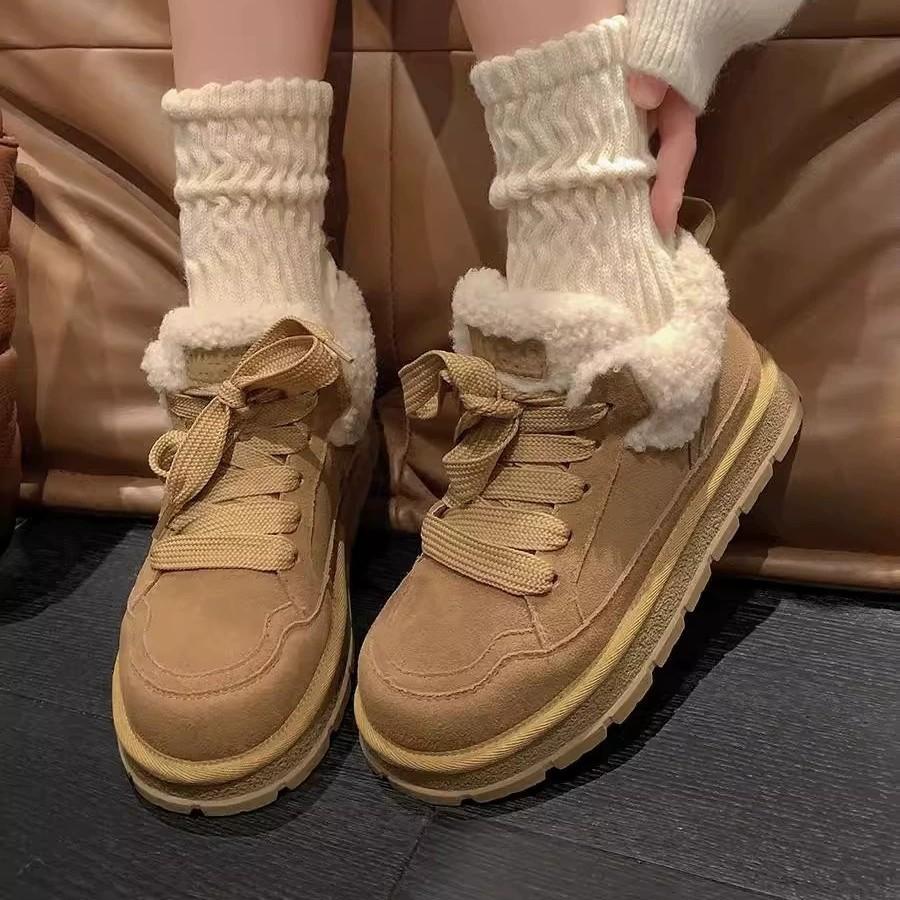 Зимний Стиль Женские Ретро Ботинки на Шнуровке с Круглым Носком на Низком Плюшевом Толстом Каблуке Модные Дизайнерские Женские Вулканизированные Туфли