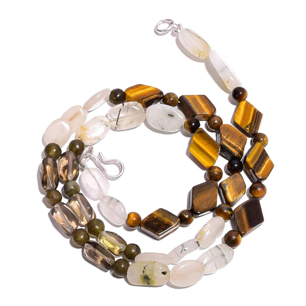 Natural Tiger Eye Smoky & Rutile Quartz Gemstone Beads Necklace 17" UB-4046 UB-4046