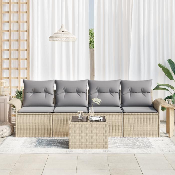 Ensemble de canapés de jardin 5 pièces avec coussins beige en poly rattan, Canapé de jardin 2 places avec rangement 3353899