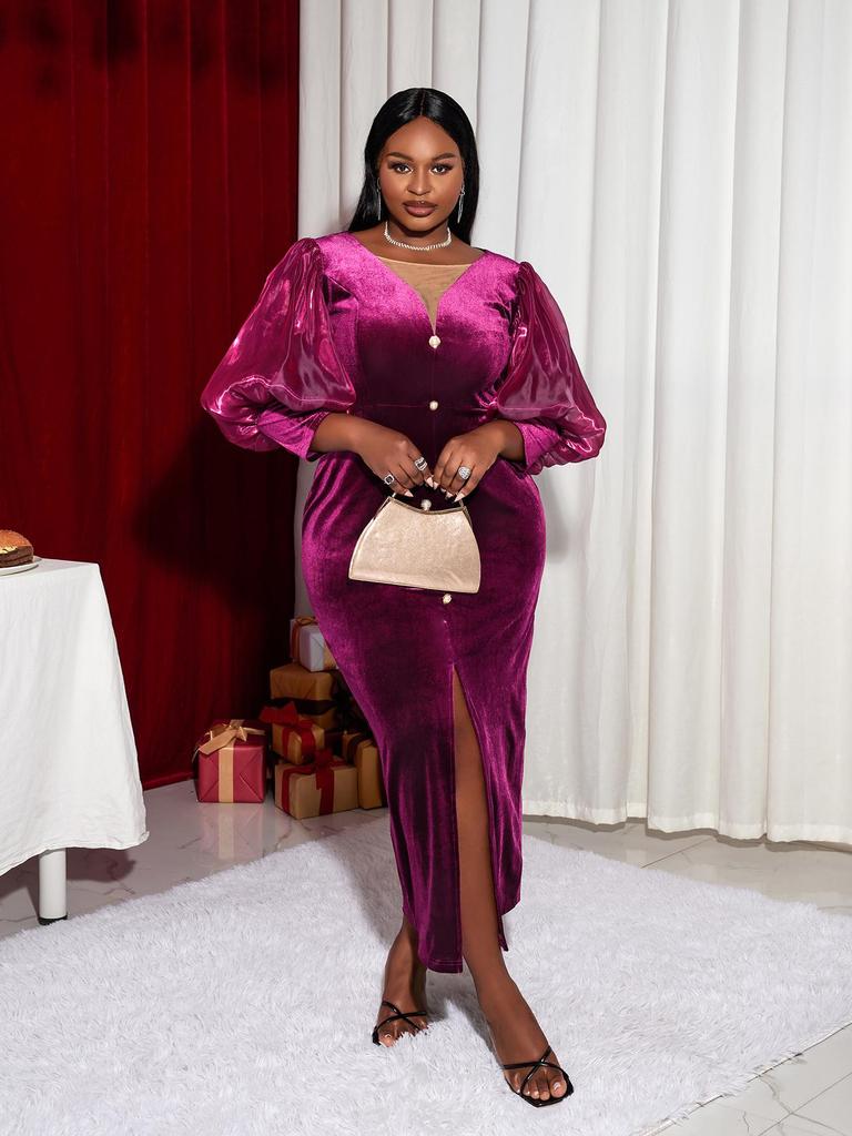 AOMEI Бархатное длинное платье с v-образным вырезом, облегающее платье с рукавами 3/4, облегающее коктейльное вечернее платье, платья больших размеров для дам