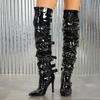 Fashion Sexy Black Patent Leather Thing High Boots Women Punk Style Belt Buckle Zip Design Over The Knee Boots Party Pole Dancing Shoes