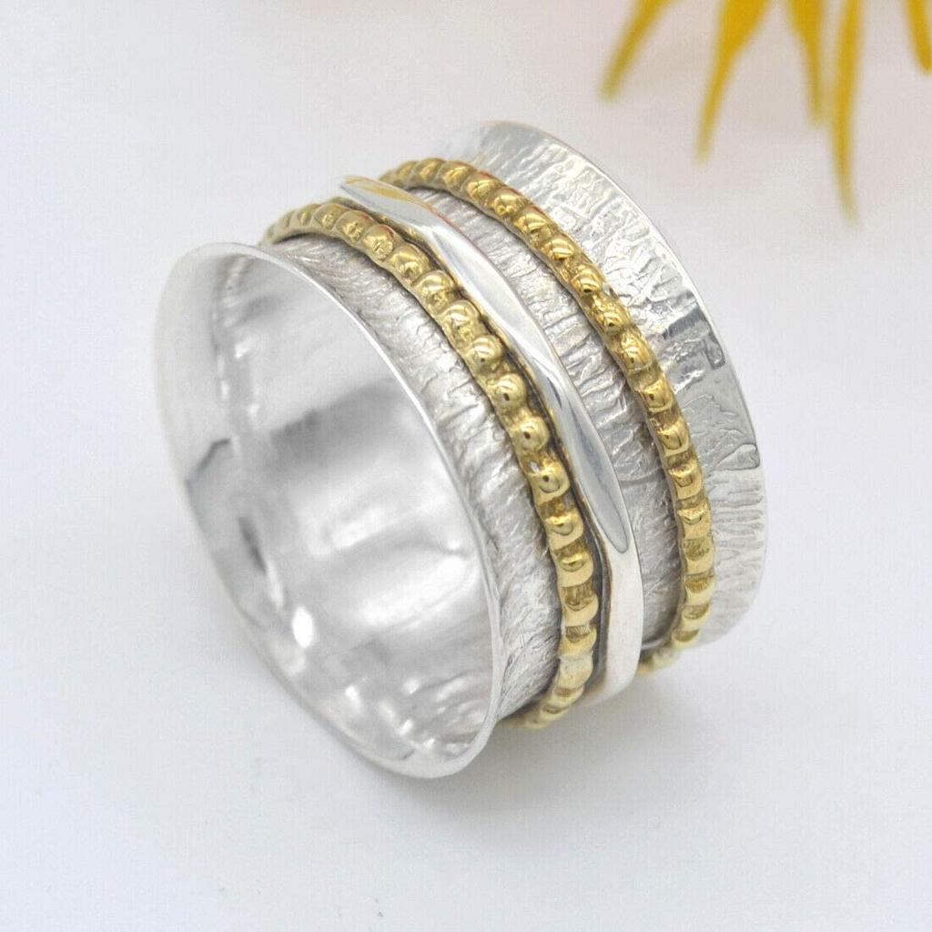 Стерлинговое серебро 925 пробы, двухцветное кольцо для медитации, ручной работы, серебряное латунное кольцо для медитации