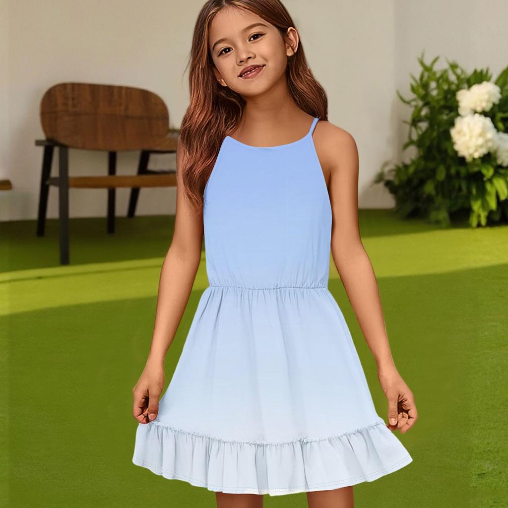 Детское летнее повседневное модное платье с круглым вырезом, однотонное, без рукавов