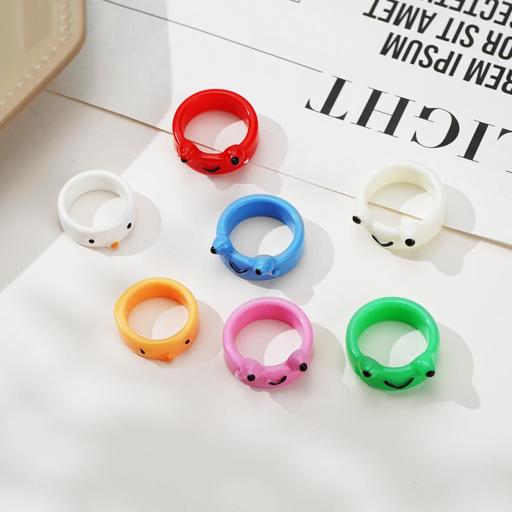 Мультяшное студенческое кольцо, женское кольцо, кольцо для пары, цветное акриловое кольцо с лягушкой и курицей